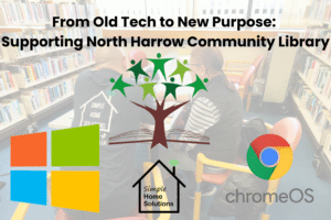 Refurbished Chromebook donated by Simple Home Solutions to North Harrow Community Library, transformed from an old Windows laptop