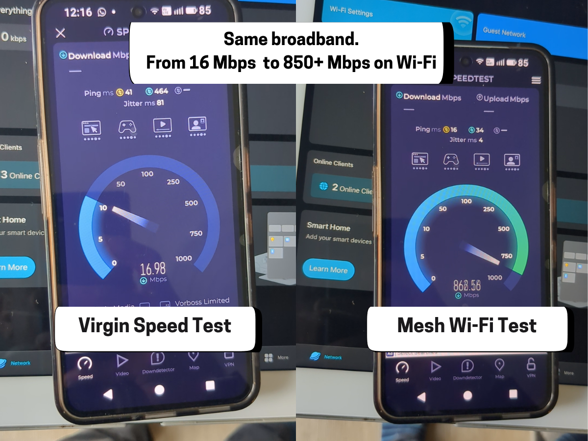 Virgin Media hub vs TP-Link Deco Mesh Wi-Fi speed test comparison showing 16Mbps vs 850Mbps.